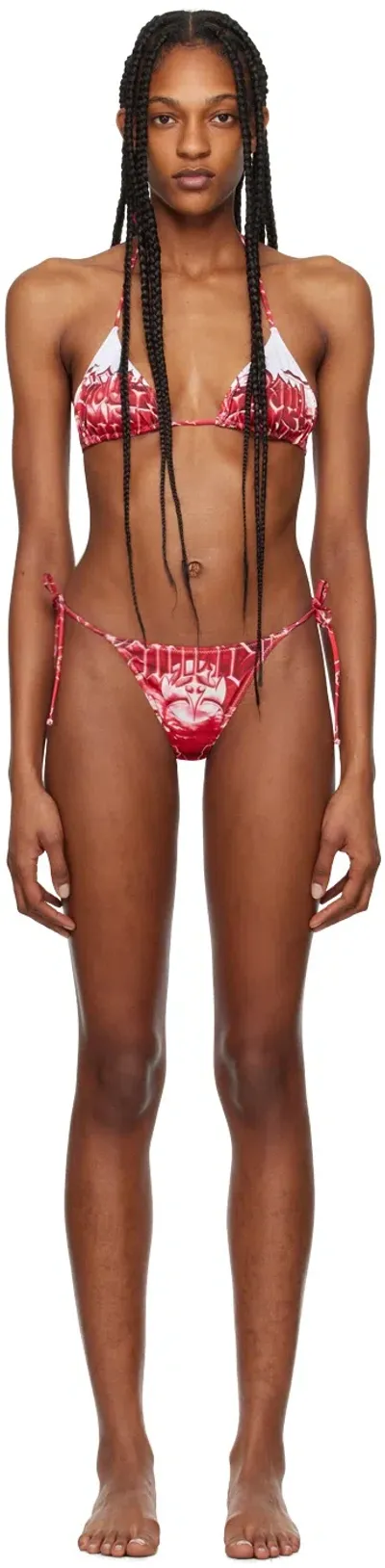 Jean Paul Gaultier Diablo Printed Triangle Bikini In White Red