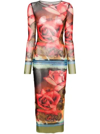 Jean Paul Gaultier Red Rose-print Midi Dress In Multicolor