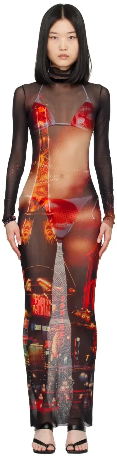 Jean Paul Gaultier Pigalle Printed Mesh Long Dress In 00301550 Black/red/orange/blue