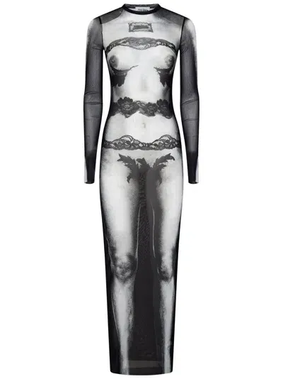 Jean Paul Gaultier Abito Lungo In Mesh 'body Lace Marinière' In Grey