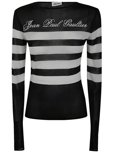 Jean Paul Gaultier Transparent Viscose Mariniere Top With Intarcia Signature In Black