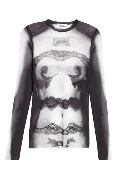 Jean Paul Gaultier Trompe-l Il Mesh Top In Black,grey,white