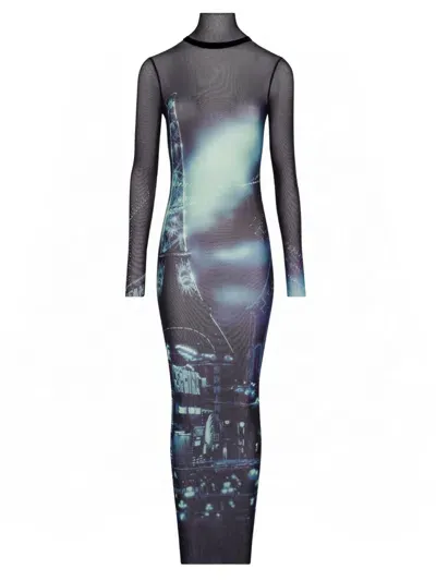 Jean Paul Gaultier Womens Navy/l Blue/white/black Graphic-print Turtleneck Mesh Maxi Dress