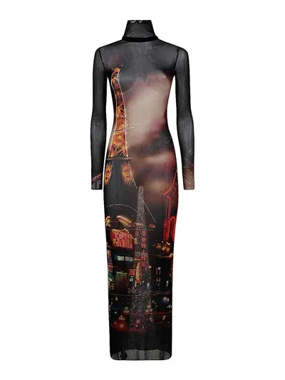 Jean Paul Gaultier Turtleneck Mesh Long Dress Printed Pigalle In Black