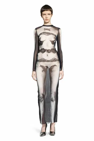 Jean Paul Gaultier Body Lace Mariniere Printed Mesh Dress In Grey