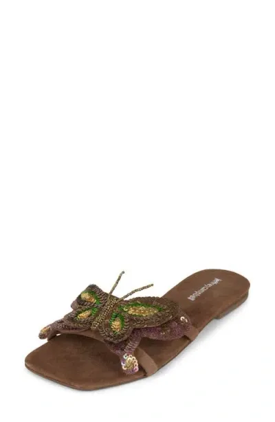 Jeffrey Campbell Cloudywing Slide Sandal In Brown Suede Green Combo