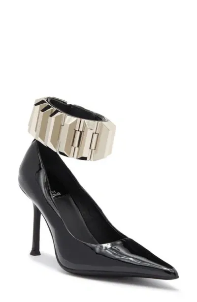 Jeffrey Campbell Risk It Ankle Strap Pointed Toe Pump In Black Patent Silver