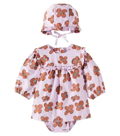 Jellymallow Baby Fun Flower Cotton Dress And Bonnet Set In Lila