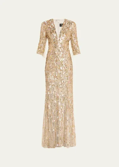 Jenny Packham Oscar Sequin-embellished Gown In Gold