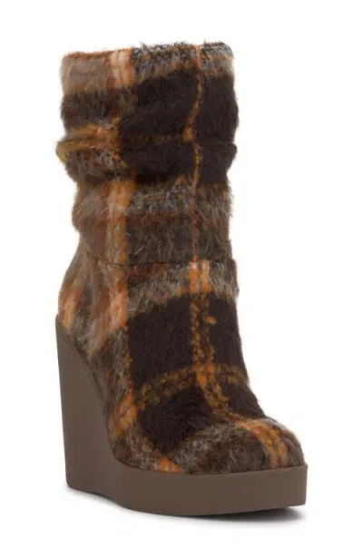 Jessica Simpson Mynette Slouch Platform Wedge Bootie In Mocha Combo Plaid