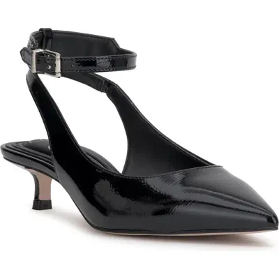 Jessica Simpson Vellana Ankle Strap Pointed Toe Kitten Heel Pump In Black Crinkle Patent