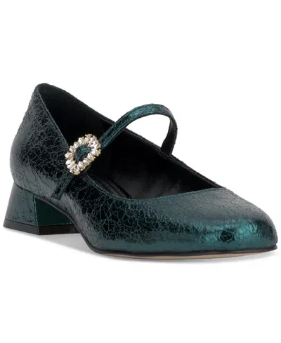 Jessica Simpson Women's Treen Block-heel Mary Jane Pumps In Dark Teal Crinkle Metallic