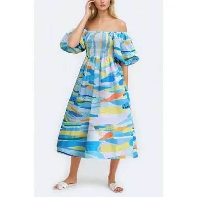 Jessie Zhao New York Landscape Smocked Cotton Silk Dress In Blue/yellow