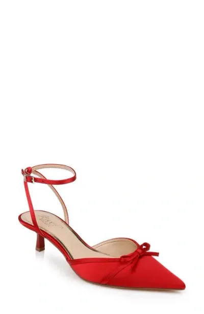 Jewel Badgley Mischka Talasia Ankle Strap Pointed Toe Kitten Heel Pump In Red Satin