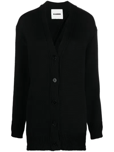 Jil Sander Asymmetric Button Wool Cardigan In Black