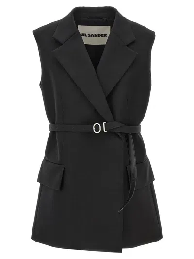 Jil Sander Belt Wool Vest In Black