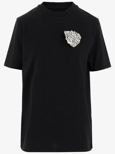 Jil Sander Cotton T Shirt With Leaf Brooch In Black