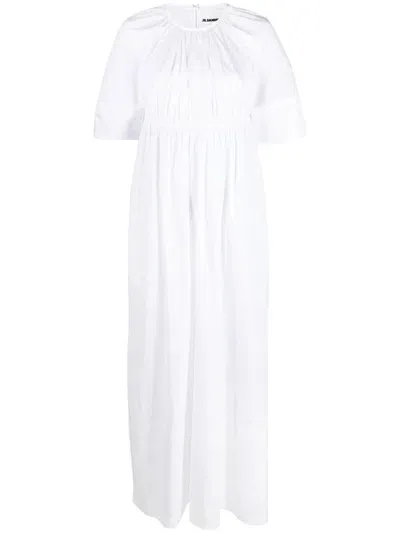 Jil Sander Gathered-detail Short-sleeve Maxi Dress In White