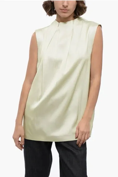 Jil Sander Sleeveless Silk Blend Blouse With Pleated Design In Gold