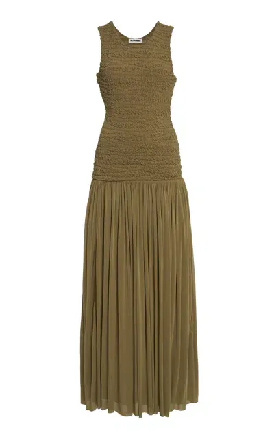 Jil Sander Smocked Drop-waist Georgette Maxi Dress In Green