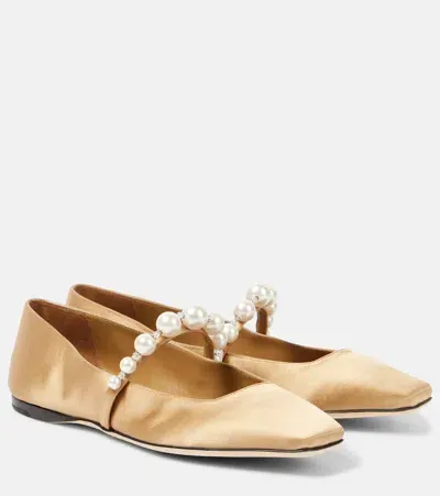 Jimmy Choo Ade Embellished Satin Mary Jane Flats In Beige