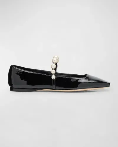 Jimmy Choo Ade Pearly-strap Patent Ballerina Flats In Black