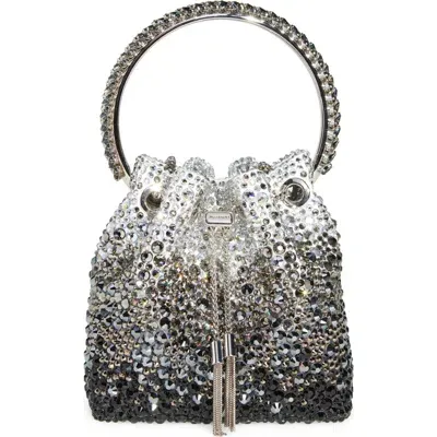 Jimmy Choo Bon Bon Crystal Drawstring Top Handle Pouch In Black/smoke