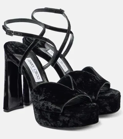 Jimmy Choo Karli 125 Velvet Platform Sandals In Schwarz