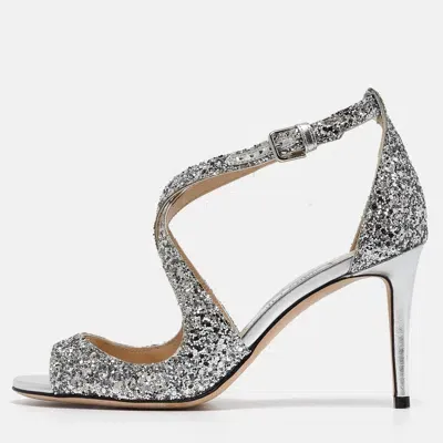 Pre-owned Jimmy Choo Silver Coarse Glitter Emily Sandals Size 37