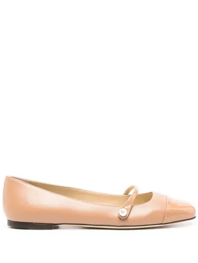 Jimmy Choo Elegant Patent Leather Ballerina Flats With Chic Strap Detail In Brown