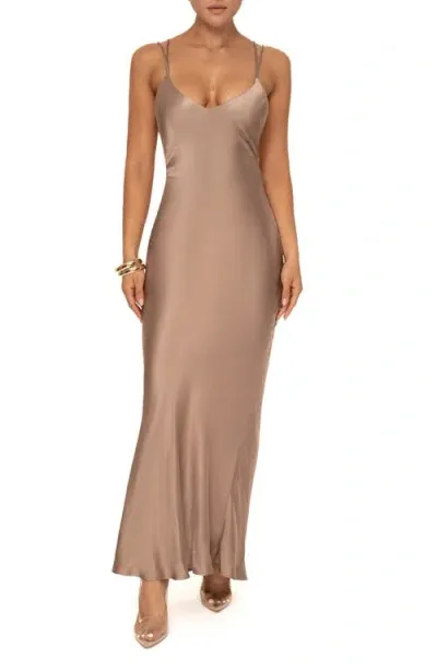 Jluxlabel Promise Of Love Strappy Back Satin Gown In Brown