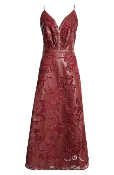 Johanna Ortiz Melancholic Bliss Embroidered Vegan Leather Midi Dress In Burgundy