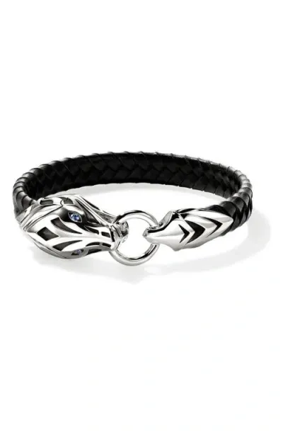 John Hardy Sterling Silver Naga Blue Sapphire Snake Braided Black Leather Bracelet In Black/silver