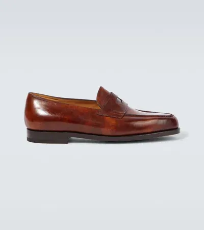 John Lobb Lopez Brushed Leather Penny Loafers In Brown