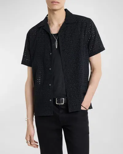 John Varvatos Dan Cotton Eyelet Embroidered Regular Fit Button Down Camp Shirt In Black