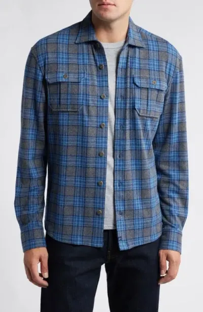 Johnnie-o Waites Plaid Brushed Knit Button-up Shirt In Charcoal/blue