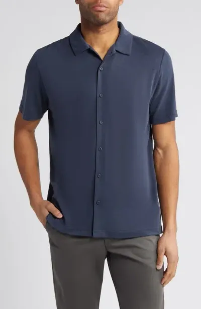 Johnston & Murphy Bird's Eye Short Sleeve Knit Button-up Shirt In Navy