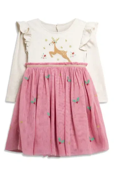 Jojo Maman Bébé Babies' Jojo Maman Bebe Reindeer Appliqué Holiday Long Sleeve Tulle Party Dress In Pink