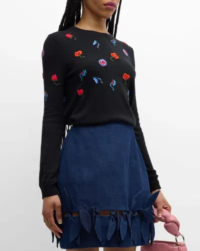 Jonathan Cohen Floral Embroidered Cashmere Crewneck Sweater In Black