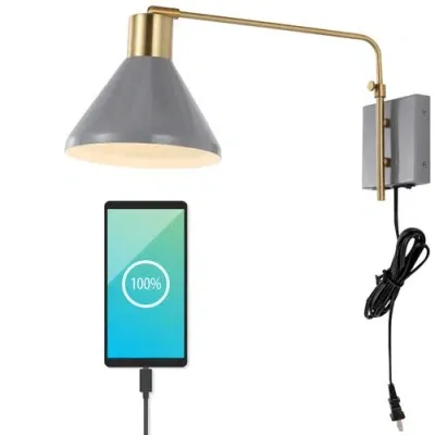 Jonathan Y Max Swing Arm 1-light Modern Midcentury Iron Usb Charging Port Led Sconce In Gray