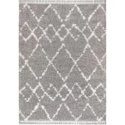 Jonathan Y Mercer Shag Plush Tassel Moroccan  Geometric Trellis Area Rug In Gray/ivory