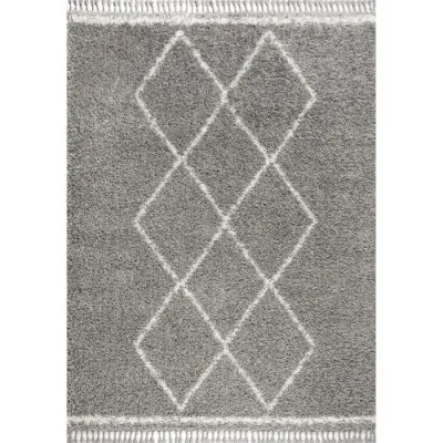 Jonathan Y Mercer Shag Plush Tassel Moroccan  Geometric Trellis Denim Area Rug In Gray