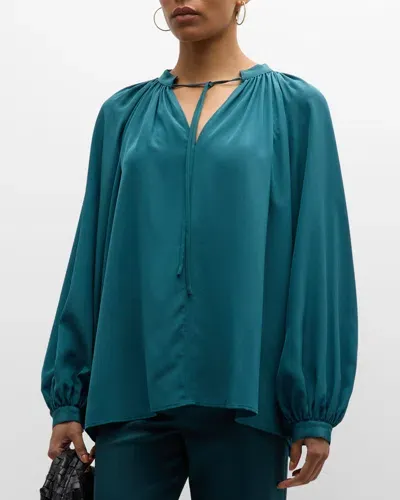 Joseph Bartletts Ruched Blouson-sleeve Silk Blouse In Blue