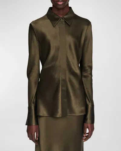 Joseph Brunel Button-down Silk Satin Blouse In Hass Avocado