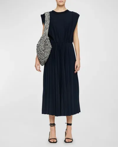 Joseph Pleated Cap-sleeve Midi Dress In Navy