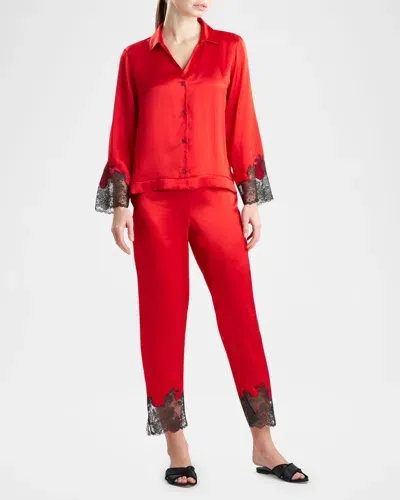 Josie Natori Lolita Cropped Lace-trim Charmeuse Pajama Set In Scarlet W/ Ash Black Lace