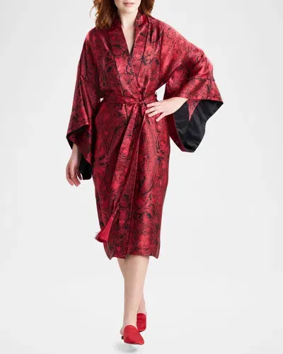 Josie Natori Ottoman Kimono-sleeve Silk Robe In Red/black