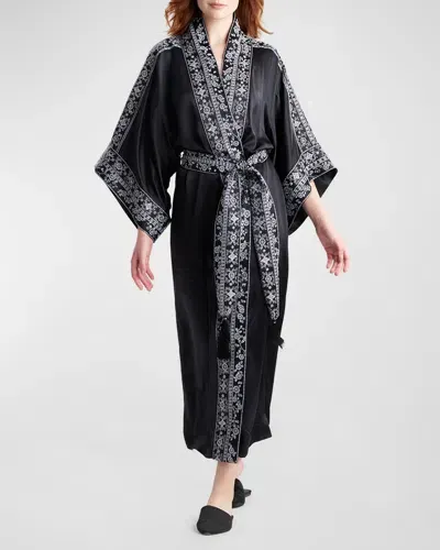 Josie Natori Ysobel Floral-embroidered Silk Robe In Black