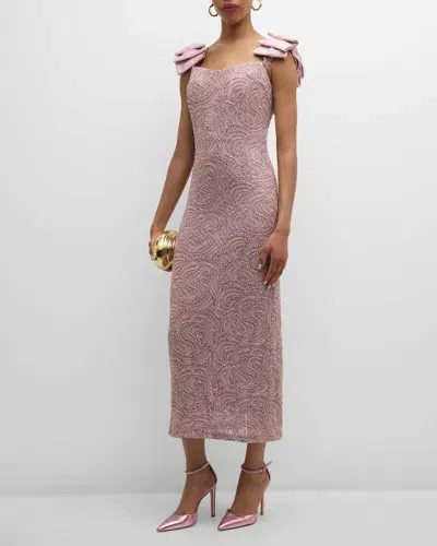 Jovani Beaded Off-shoulder Column Midi Dress In Mauve