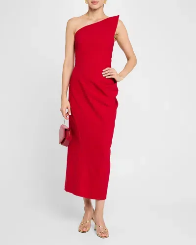 Jovani Draped Asymmetric Strapless Midi Dress In Red